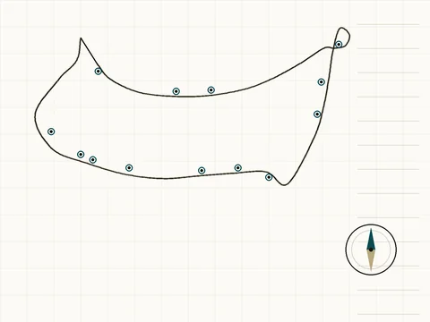Stylized chart of Cape Cod as a flexed arm: a hairline coastline with ink station dots for the towns and a compass rose. Not to scale.